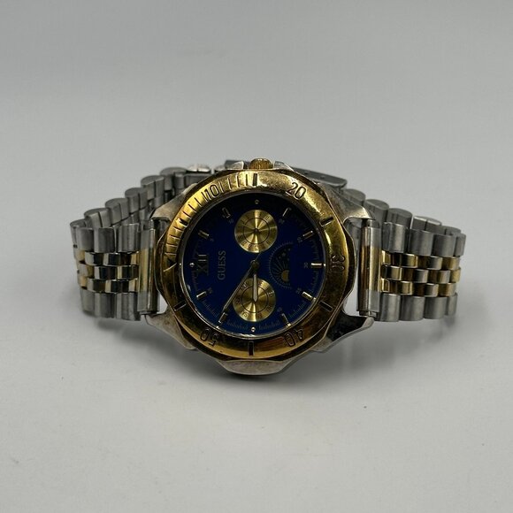 Vintage Guess Moon Phase Watch Men Silver Gold Two-Tone Blue Dial New Battery - Picture 7 of 12